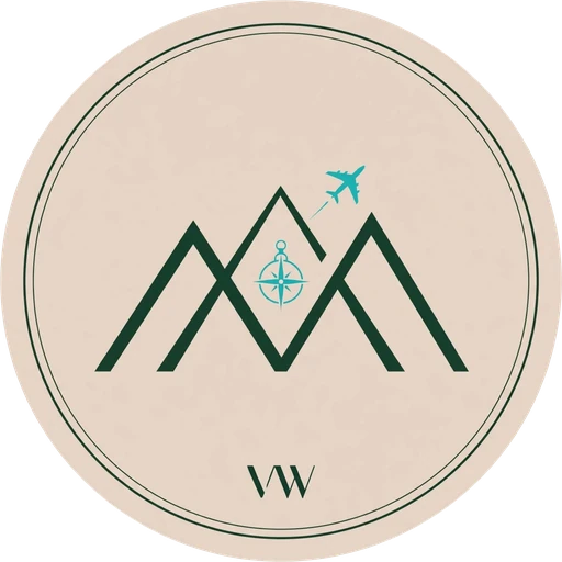 Emblema de Viajes Waira: montañas, brújula y avión